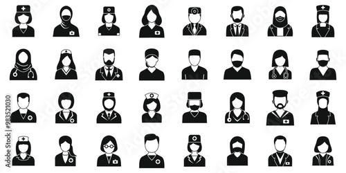 Doctor avatars icons set. This set of medical avatar icons is showing diverse healthcare workers wearing different uniforms
