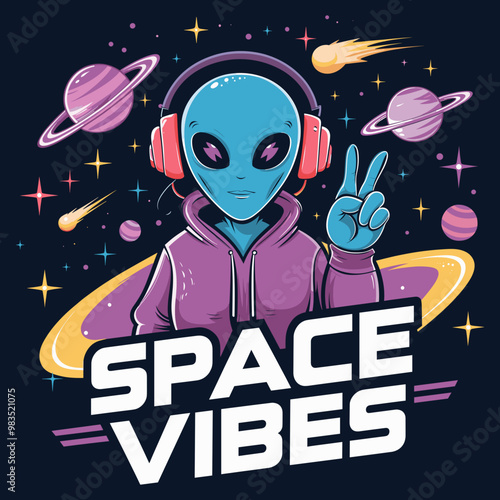 Design for T-Shirts - Cool Alien with Headphones and Peace Sign - Space Vibes