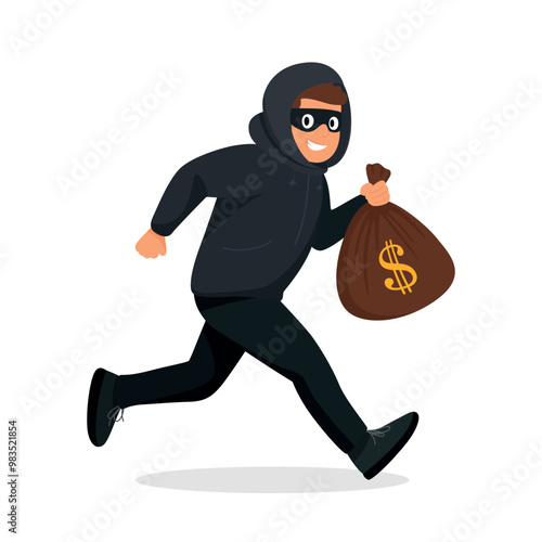 Vector Cartoon Thief Running with Stolen Money Bag. Flat Style Criminal Holding Money Bag with Dollar Sign. Bank Robbery Scene with Thief in Hoodie and Eye Mask