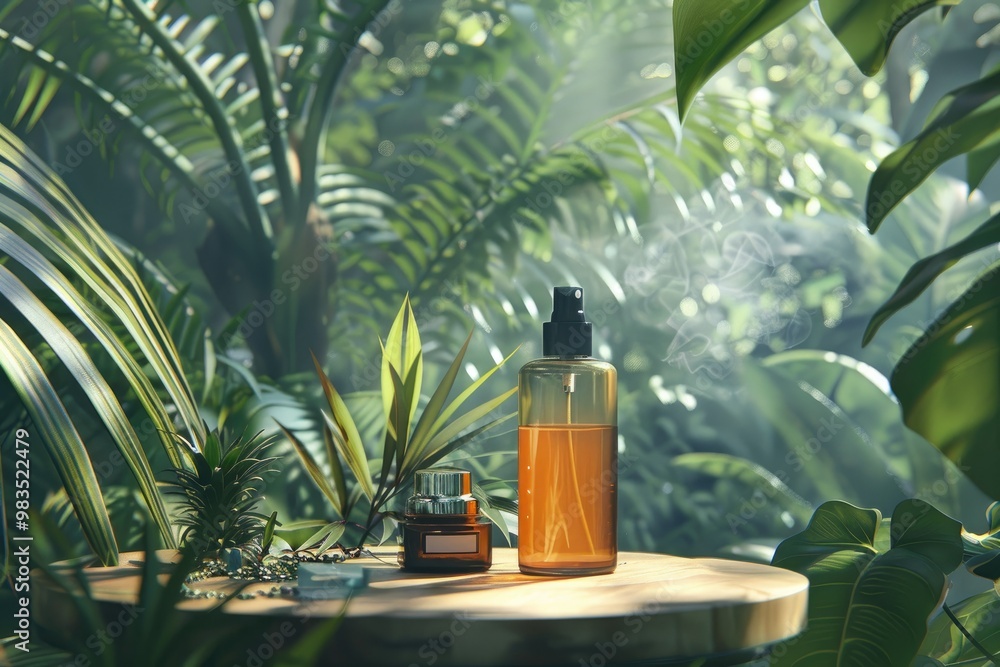 A perfume bottle sits on a wooden surface with lush greenery. This image is perfect for advertising perfumes, colognes, and other beauty products. A perfume bottle sits on a wooden surface with lush greenery. This image is perfect for advertising perfumes, colognes, and other beauty products.