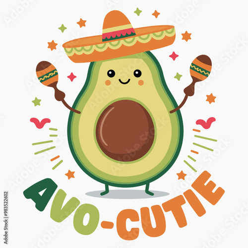 Design for T-Shirts - Cute Avocado with Sombrero Hat and Maracas Illustration - Avo-Cutie