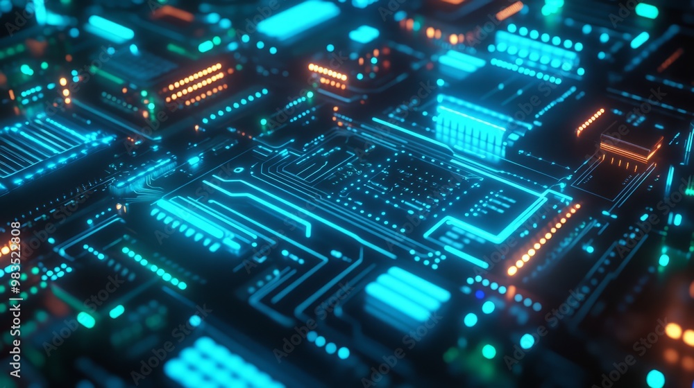 Futuristic Circuit Board with Blue and Orange LED Lights Futuristic Circuit Board with Blue and Orange LED Lights