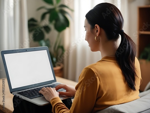 Young woman using laptop computer at home. Blank empty white screen mock up. Freelance, student lifestyle, education, web conference, video call, technology and online shopping concept (19)