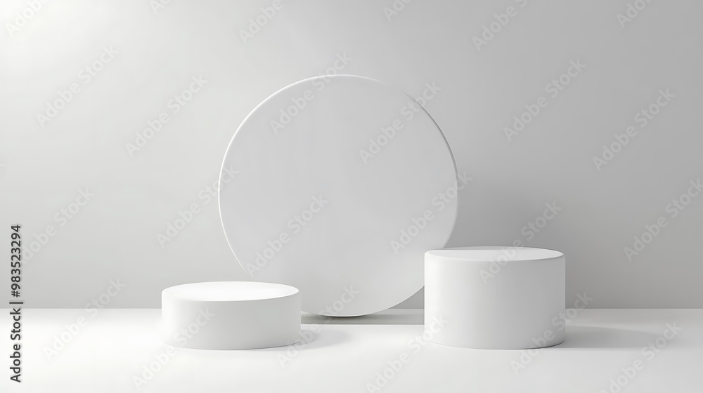 Minimalist display featuring three white circular pedestals on a light background. Minimalist display featuring three white circular pedestals on a light background.