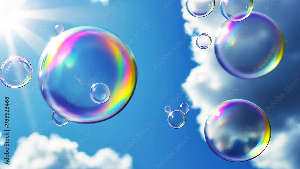 Floating bubbles shimmer under a bright blue sky with fluffy white clouds in a sunny afternoon setting Floating bubbles shimmer under a bright blue sky with fluffy white clouds in a sunny afternoon setting