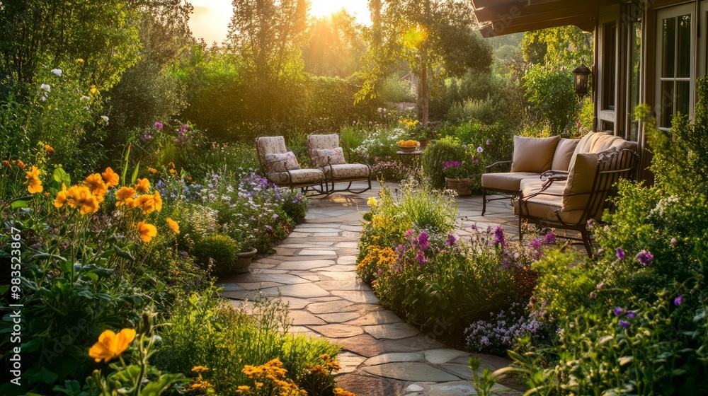 Fototapeta premium Serene Garden Retreat with Cozy Seating and Vibrant Flowers