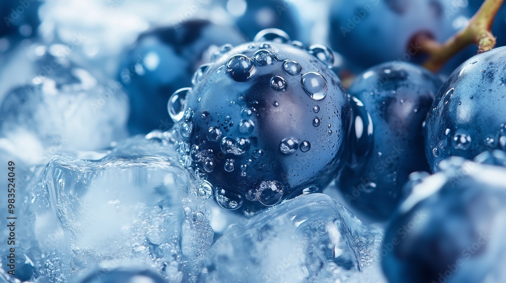 Fresh blueberries surrounded by ice cubes with bubbles reflecting light in a cool environment Fresh blueberries surrounded by ice cubes with bubbles reflecting light in a cool environment