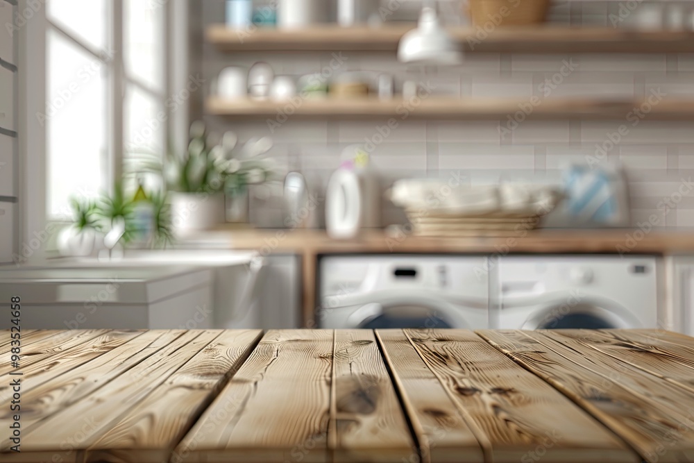 Wooden tabletop with blurry laundry room background. Ideal for showcasing cleaning products, detergents, or laundry accessories. Wooden tabletop with blurry laundry room background. Ideal for showcasing cleaning products, detergents, or laundry accessories.