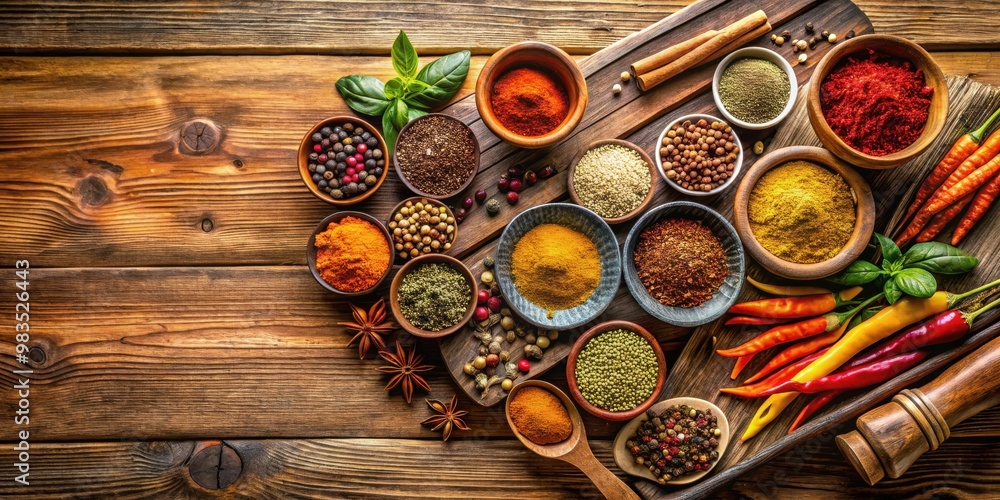 Assortment of various aromatic spices on rustic wooden cutting board for culinary cooking Assortment of various aromatic spices on rustic wooden cutting board for culinary cooking