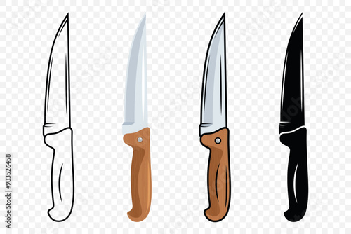 Vector Kitchen Knife Icon Set. Chef Knife with Sharp Blade, Kitchen Knife Design Templates. Outline, Colored, Silhouette Knife. Vector Illustration