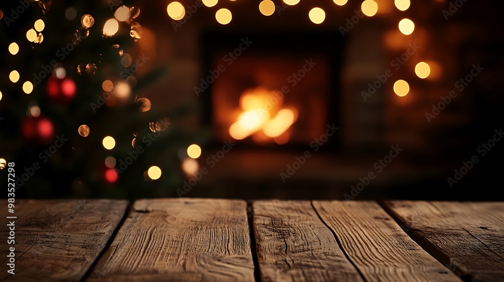 A cozy scene with a wooden table, Christmas tree, and warm fireplace ambiance. A cozy scene with a wooden table, Christmas tree, and warm fireplace ambiance.