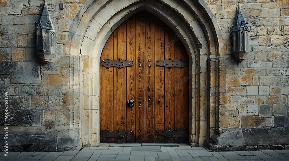 Fototapeta premium A large wooden door with intricate designs set in a stone wall.