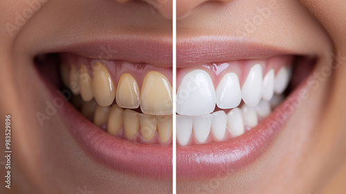 A woman's teeth, one of which is yellow and the other is white. The yellow teeth are likely due to poor dental hygiene or a lack of professional cleaning