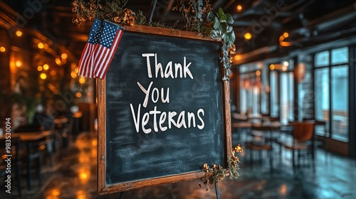 a Happy Veterans Day composition with American flags and a “Thank You Veterans” message on a blackboard background.