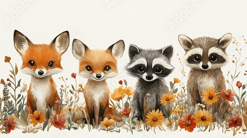 the Watercolor illustration of cute woodland animals like a baby fox, deer, raccoon, and owl among flowers, for nursery decor.