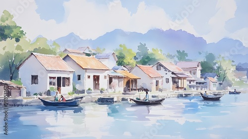 Serene coastal village with rainbow houses, fishermen diligently mending nets, watercolor with oil painting elements for a textured look