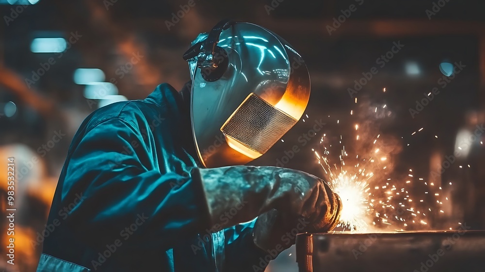 A welder working on metal, sparks flying, wearing protective gear in an industrial setting. A welder working on metal, sparks flying, wearing protective gear in an industrial setting.