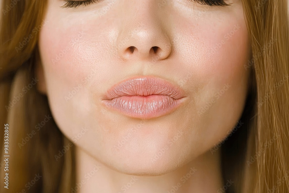 Close-up of a beautiful woman with soft lips and flawless skin, exuding confidence and natural beauty. Close-up of a beautiful woman with soft lips and flawless skin, exuding confidence and natural beauty.