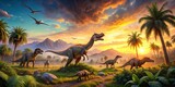 Prehistoric dinosaurs in lush landscape with vibrant sunset backdrop for stock photo