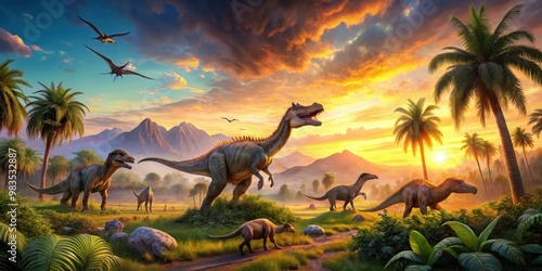 Prehistoric dinosaurs in lush landscape with vibrant sunset backdrop for stock photo