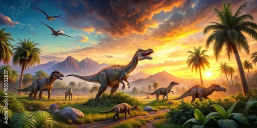 Fototapeta samoprzylepna Prehistoric dinosaurs in lush landscape with vibrant sunset backdrop for stock photo