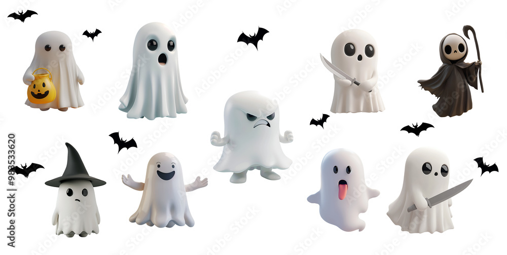 Set of Halloween ghosts in 3D cartoon style with various expressions, making faces, holding a knife, scary, dressed as Grim Reaper, happy, joyful, frightened Set of Halloween ghosts in 3D cartoon style with various expressions, making faces, holding a knife, scary, dressed as Grim Reaper, happy, joyful, frightened