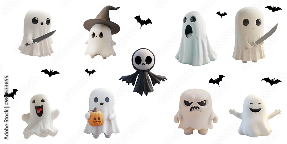 3D cartoon Halloween ghosts set, various expressions, making faces, holding a knife, scary, Grim Reaper, happy, joyful, frightened, Isolated on Transparent Background, PNG 3D cartoon Halloween ghosts set, various expressions, making faces, holding a knife, scary, Grim Reaper, happy, joyful, frightened, Isolated on Transparent Background, PNG