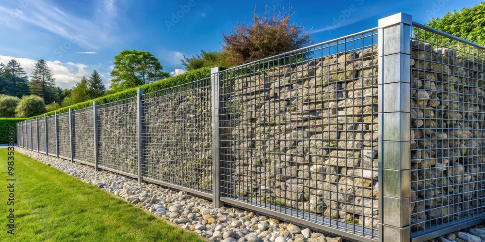 Fototapeta premium Modern gabion wire mesh stone fencing with support posts for landscaping design