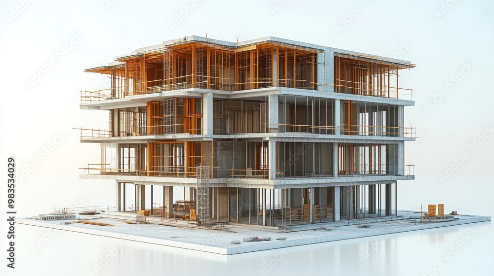 Modern building under construction with wooden scaffolding. Modern building under construction with wooden scaffolding.