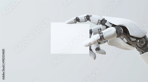 AI technology concept with a sleek robotic hand holding a blank white card against an empty background
