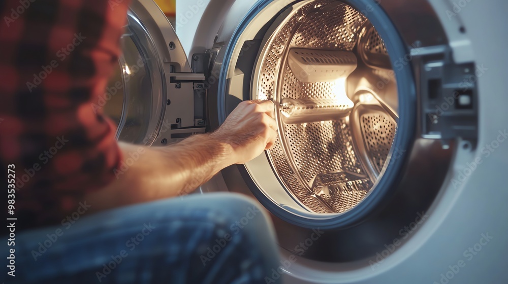A man in a plaid shirt fixes a washing machine. A man in a plaid shirt fixes a washing machine.