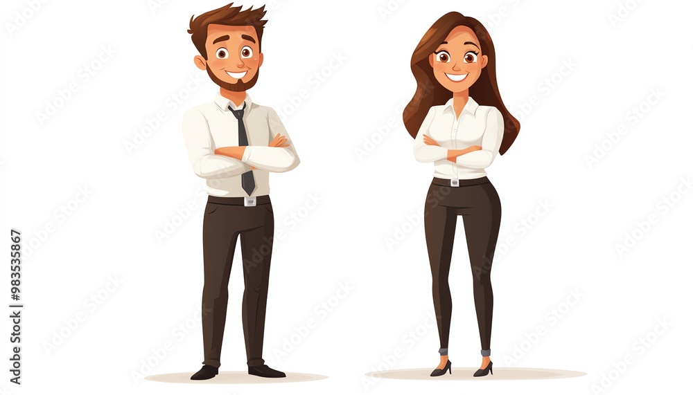 Friendly office worker man and woman, vector art, front view standing, happy and smiling cartoon characters, white background Friendly office worker man and woman, vector art, front view standing, happy and smiling cartoon characters, white background