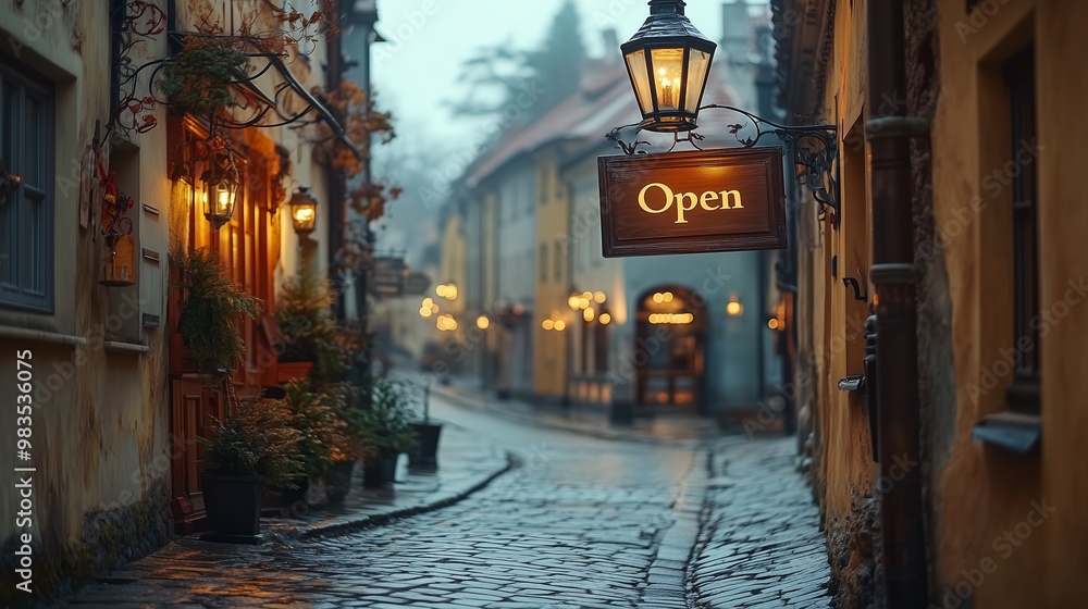 A charming cobblestone street in a European town during early evening hours, illuminated by warm street lamps. A charming cobblestone street in a European town during early evening hours, illuminated by warm street lamps.