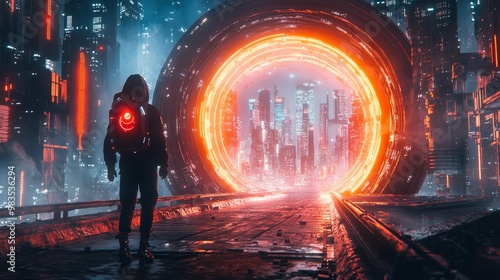 A futuristic city skyline splits open as a circular rift reveals a mirror dimension, the same city but with inverted architecture and neon lights photo