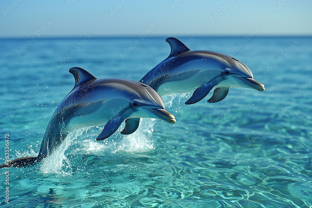 Fototapeta premium Two Dolphins Leaping Out of the Ocean Water