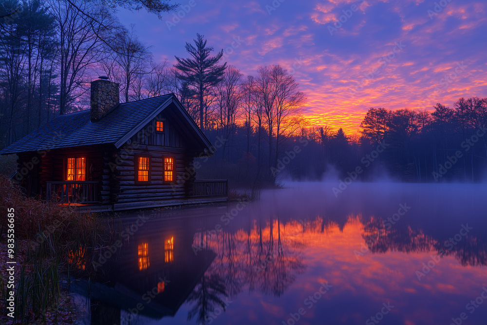 Cabin on a Misty Lake at Sunset Cabin on a Misty Lake at Sunset