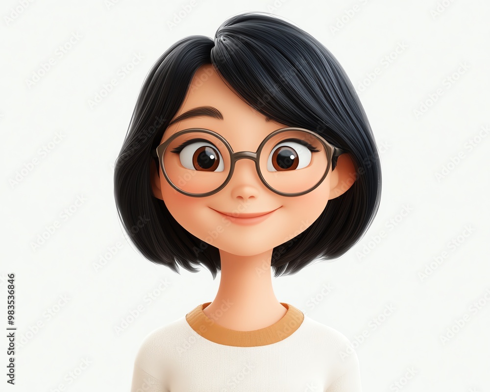 Smiling Asian cartoon character, young woman with short black hair and glasses, 3D style design, light background, human feelings expression Smiling Asian cartoon character, young woman with short black hair and glasses, 3D style design, light background, human feelings expression