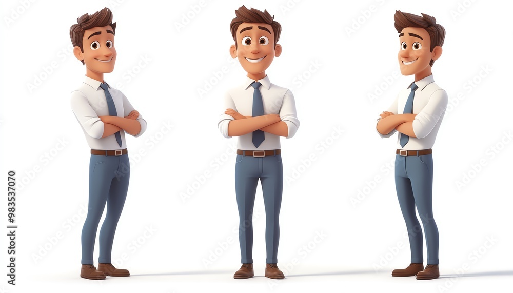 Smiling business office worker man, cartoon style, standing with a happy expression, 3D design, white background Smiling business office worker man, cartoon style, standing with a happy expression, 3D design, white background