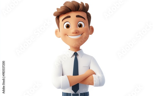 Smiling business office worker man, cartoon style, standing with a happy expression, 3D design, white background