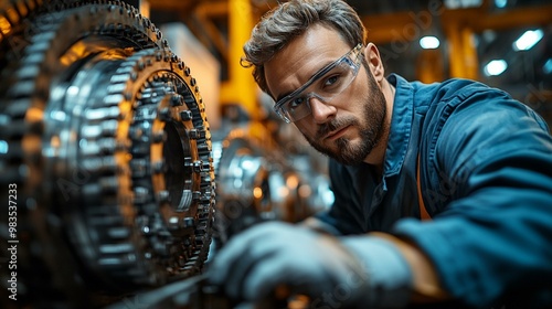 an Engineer in a factory setting, inspecting machinery and ensuring quality control, highlighting precision and professionalism.