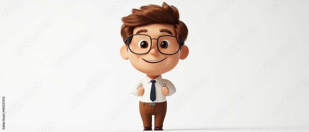 3D cartoon of a happy office worker man, standing and smiling, business attire, white background, employee person
