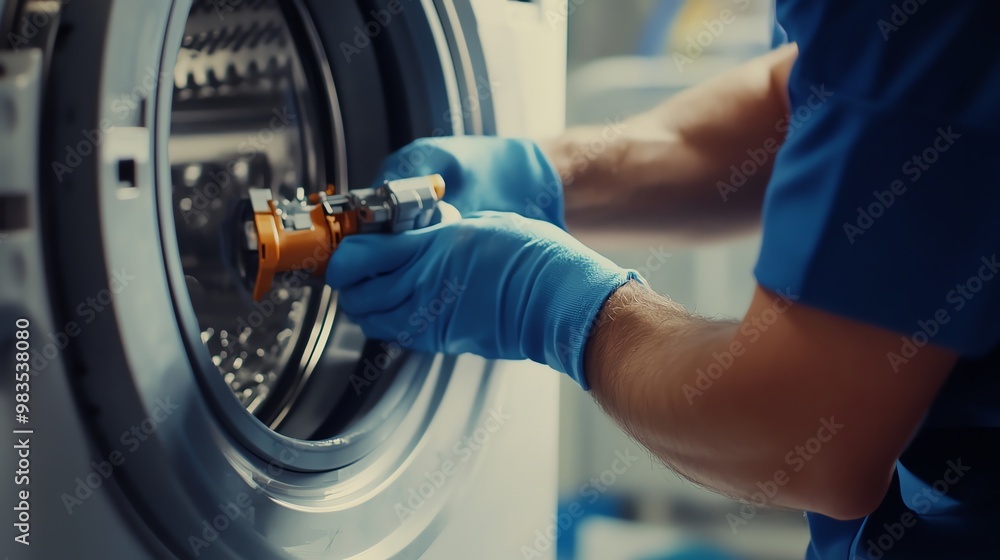 A man in a blue jumpsuit and gloves fixes a washing machine. A man in a blue jumpsuit and gloves fixes a washing machine.