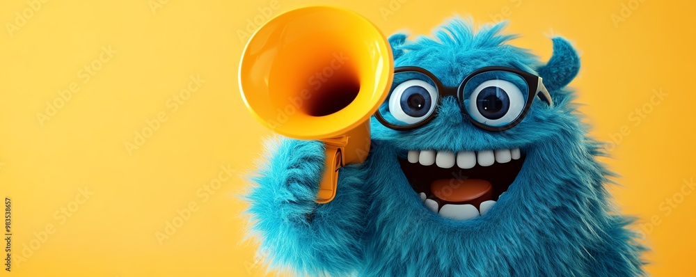 Charming Pixarinspired monster, wearing glasses, joyful smile, holding a yellow megaphone, clean and cute design, no background, playful vibes Charming Pixarinspired monster, wearing glasses, joyful smile, holding a yellow megaphone, clean and cute design, no background, playful vibes