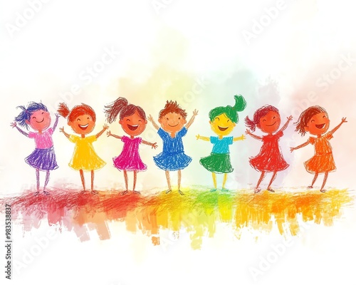 Childdrawn 2D cartoon of mixedrace toddlers dancing, stick figures, colorful clothes, fun poses, bright crayon lines, joyful and whimsical scene