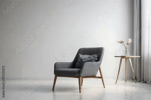 Modern minimalist interior with an armchair. Neutral Tones in Minimalist Living Room