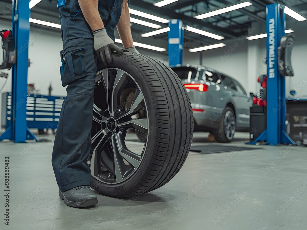 Un técnico en un garaje moderno sosteniendo un neumático de automóvil moderno
Un técnico en un garaje moderno sosteniendo un neumático de automóvil moderno