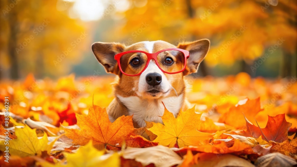 Laid-back Dog Relaxing on Autumn Leaves Bed with Orange Glasses in Vibrant Fall Setting