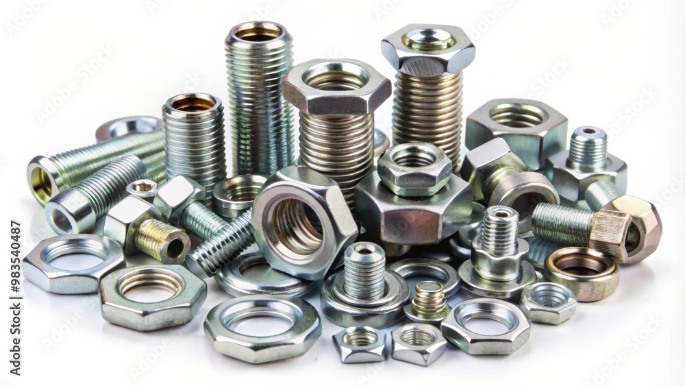 Assorted metal nuts, bolts, and washers for assembly of components, industrial hardware tools isolated on white background Assorted metal nuts, bolts, and washers for assembly of components, industrial hardware tools isolated on white background