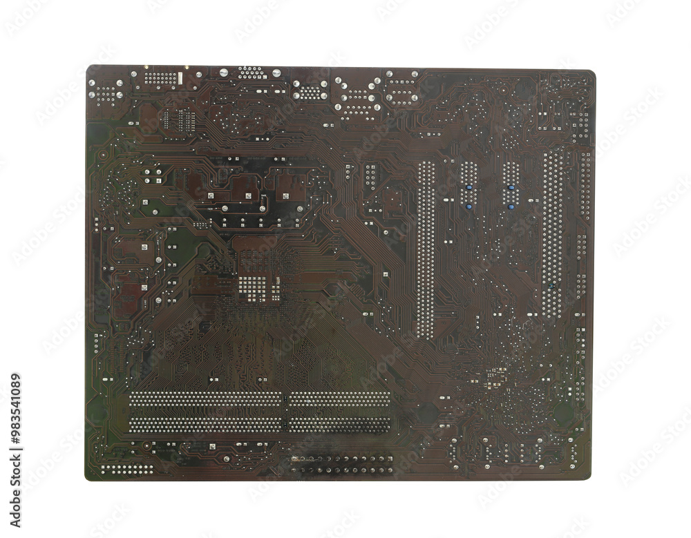 Back of computer motherboard with transparent image of PNG format extension.
