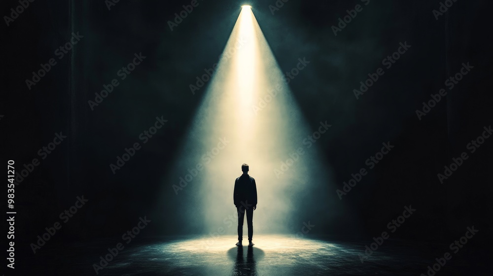 A person standing in a spotlight, surrounded by darkness, where the contrast between light and shadow highlights their presence.